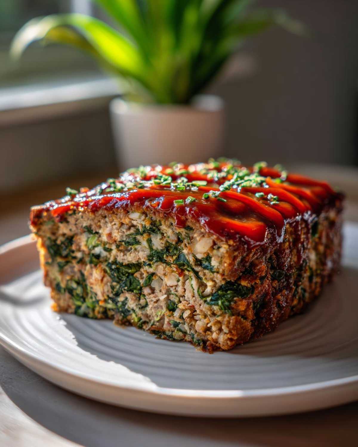 A thick slice of Healthy Turkey Spinach Meatloaf topped with ketchup glaze and chives.