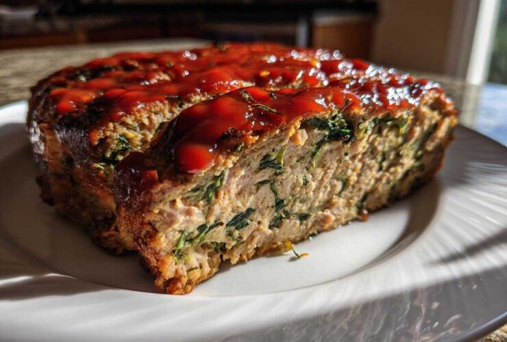 A thick slice of Healthy Turkey Spinach Meatloaf, showing green spinach mixed into the turkey, topped with a glossy red glaze.