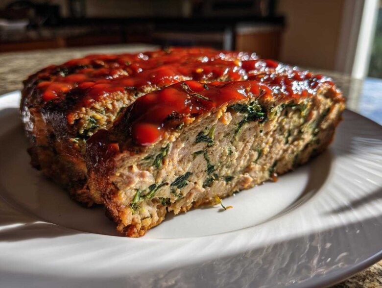 A thick slice of Healthy Turkey Spinach Meatloaf, showing green spinach mixed into the turkey, topped with a glossy red glaze.