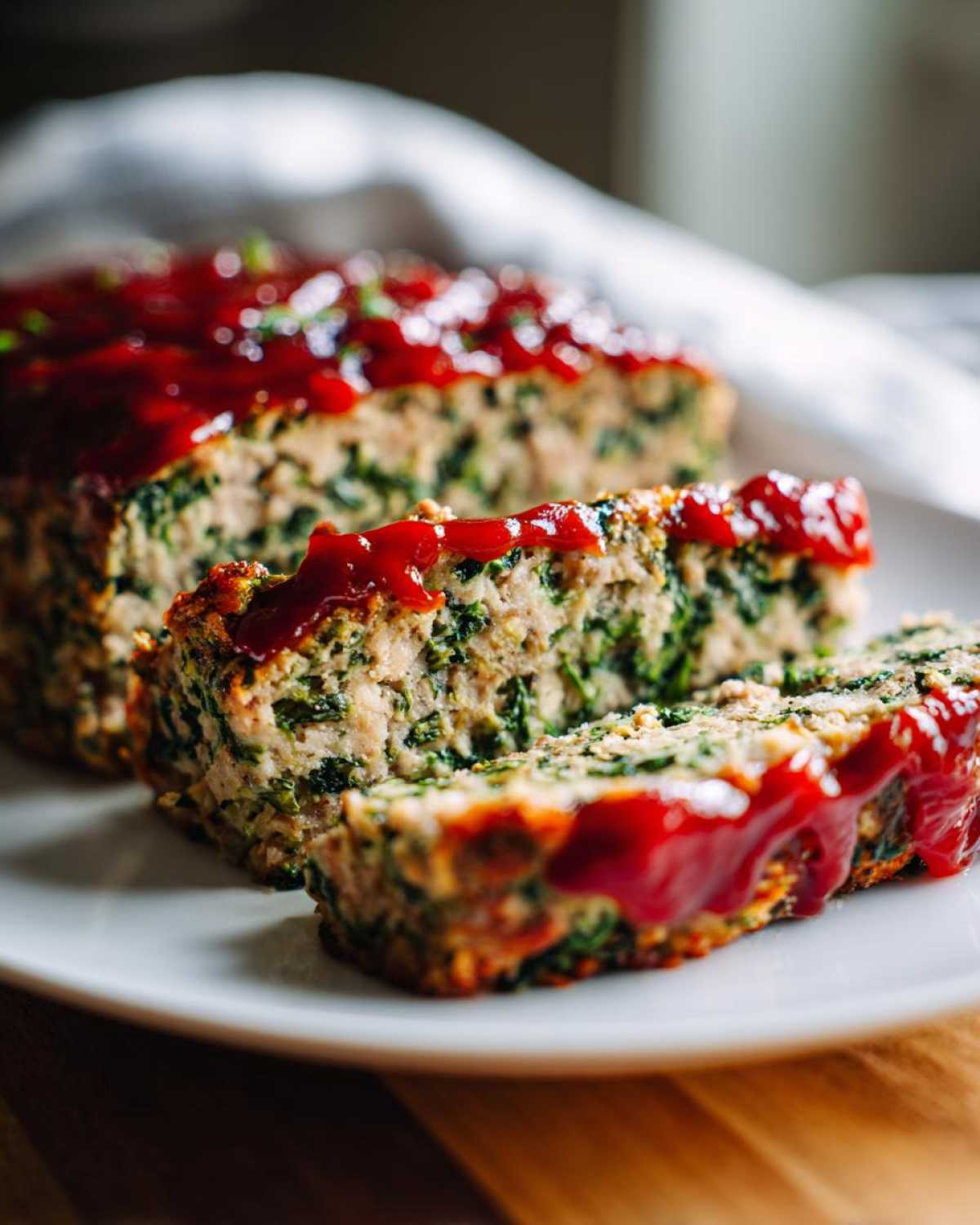 Close-up of sliced Healthy Turkey Spinach Meatloaf topped with a bright red ketchup glaze.