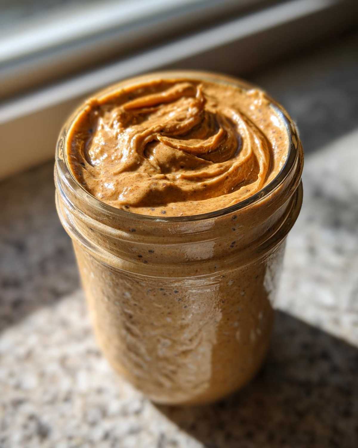 A jar of thick High-Protein Peanut Butter Overnight Oats topped with a swirl.
