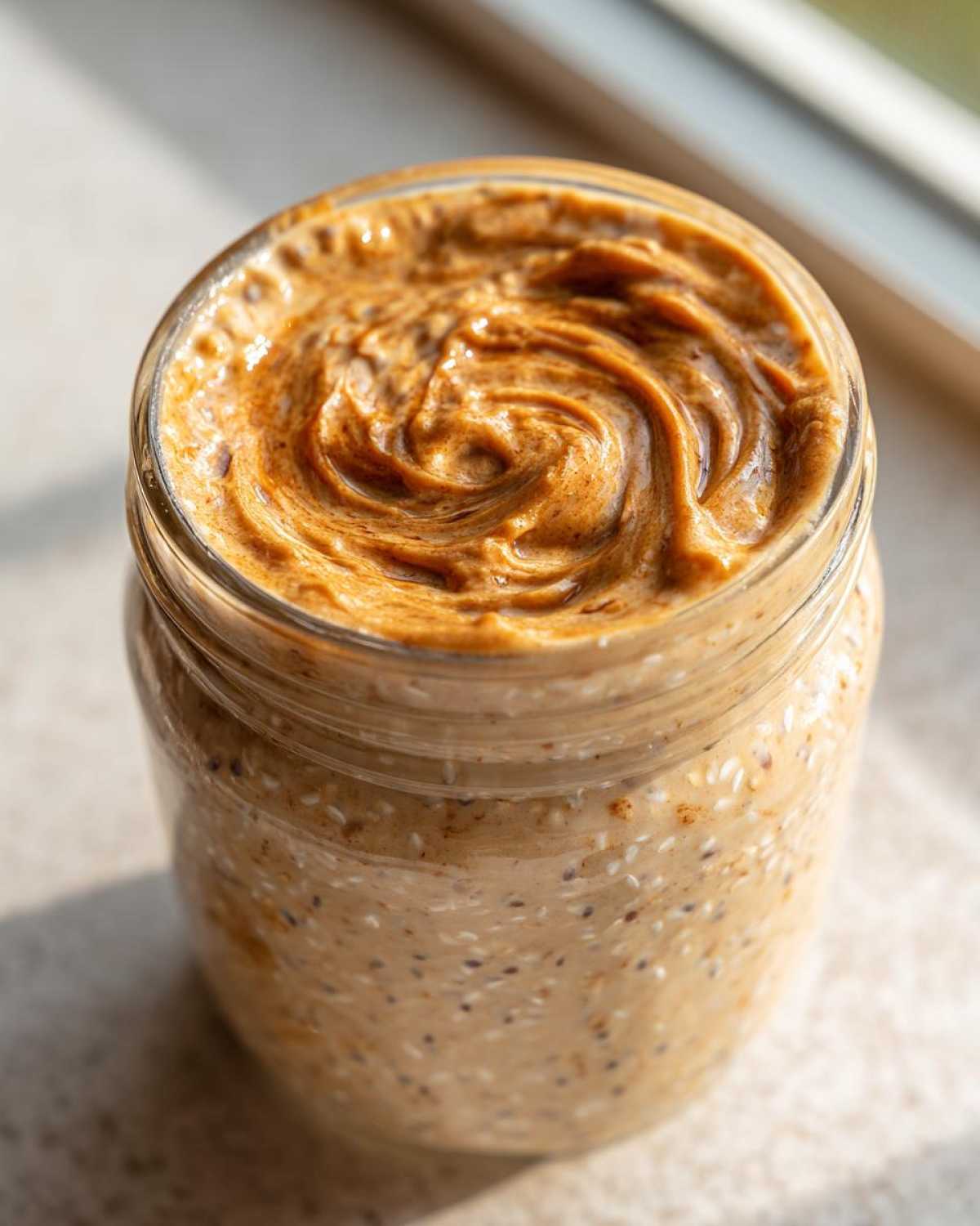 Close-up of High-Protein Peanut Butter Overnight Oats topped with a swirl of creamy peanut butter.