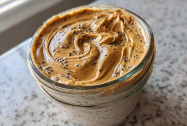 Close-up of High-Protein Peanut Butter Overnight Oats topped with a swirl of peanut butter and sprinkled chia seeds.