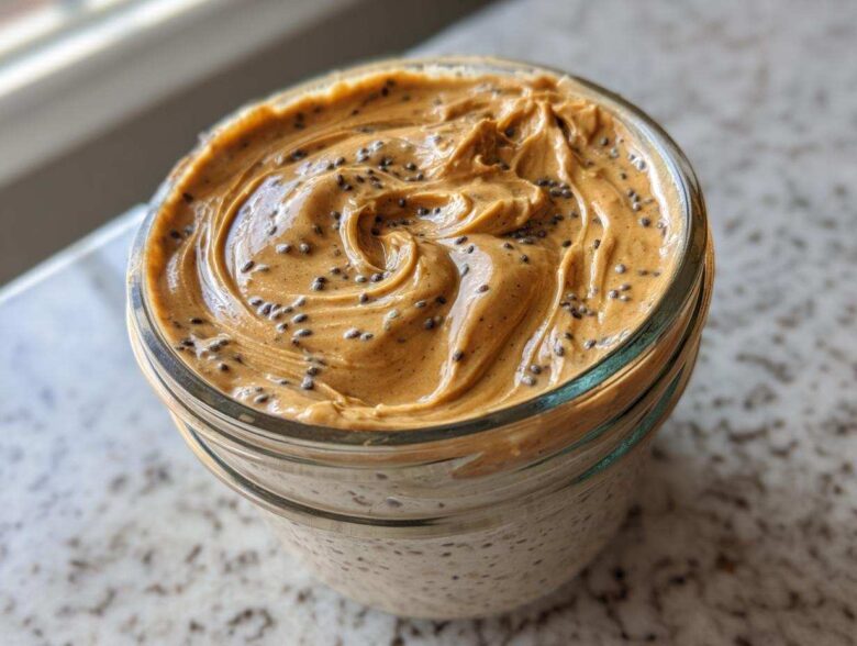 Close-up of High-Protein Peanut Butter Overnight Oats topped with a swirl of peanut butter and sprinkled chia seeds.