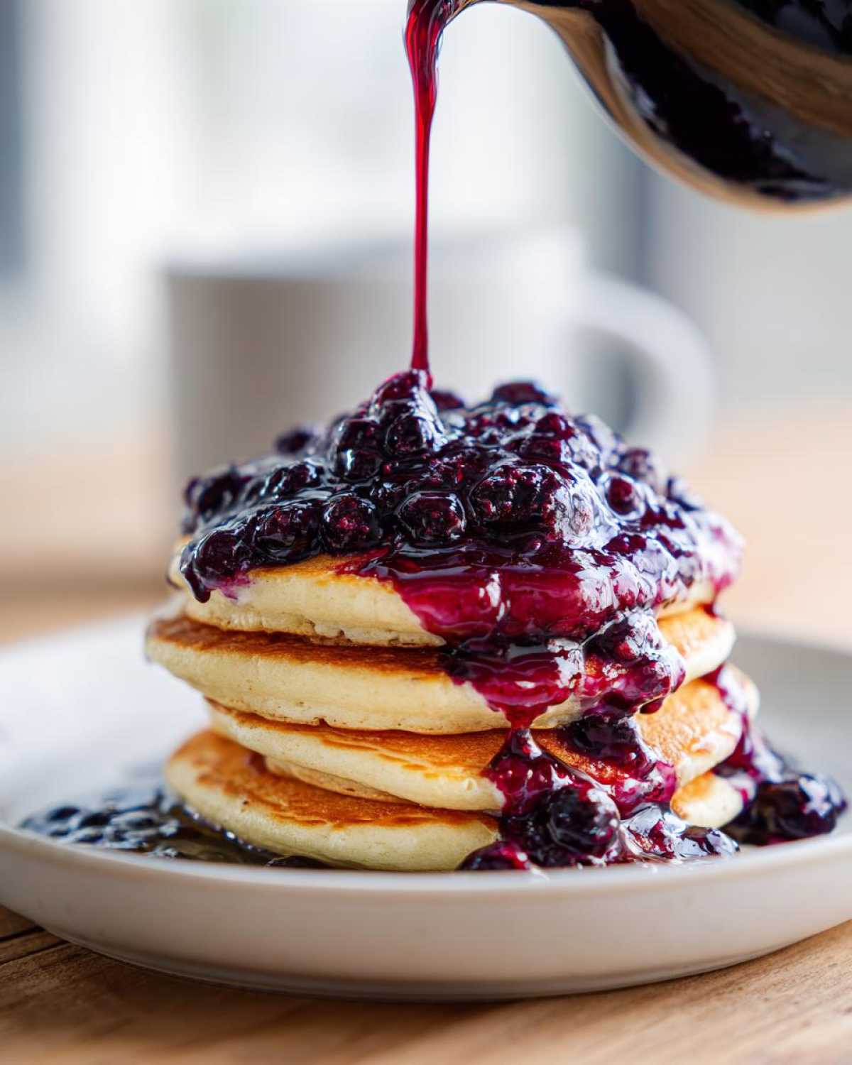 A stream of rich, dark Homemade Blueberry Syrup is being poured over a stack of fluffy pancakes.