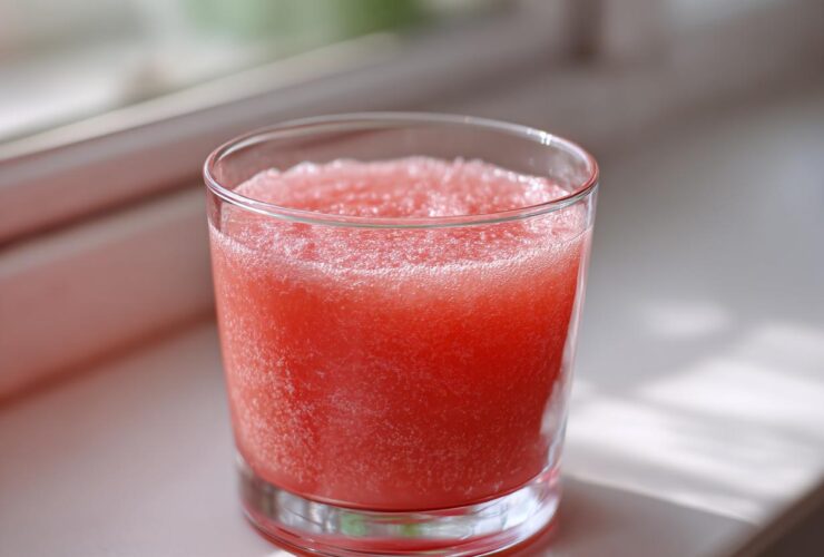Close-up of a glass filled with a bright pink, icy beverage made from Homemade Strawberry Lemonade Concentrate.