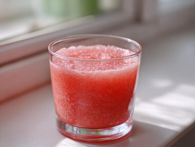 Close-up of a glass filled with a bright pink, icy beverage made from Homemade Strawberry Lemonade Concentrate.