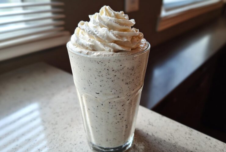 A tall glass of Homemade Vanilla Bean Frappuccino topped high with whipped cream, sitting on a light countertop.