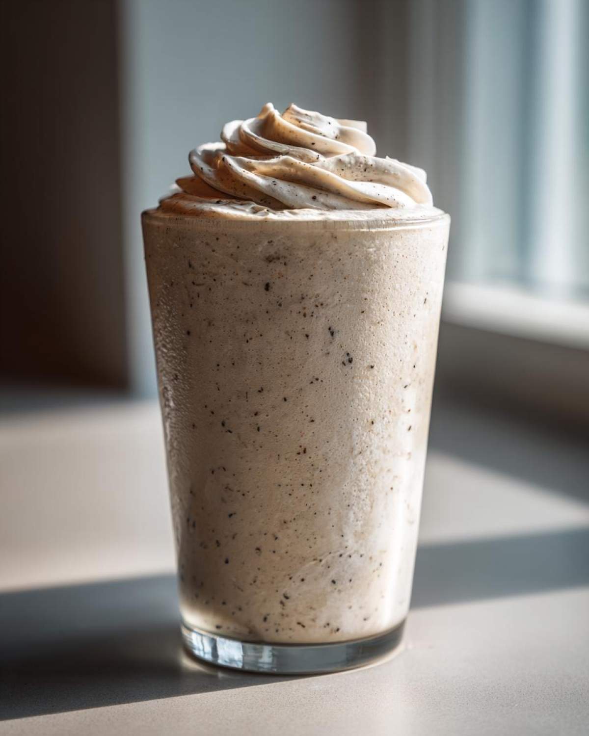 A tall glass of Homemade Vanilla Bean Frappuccino topped with swirled whipped cream.