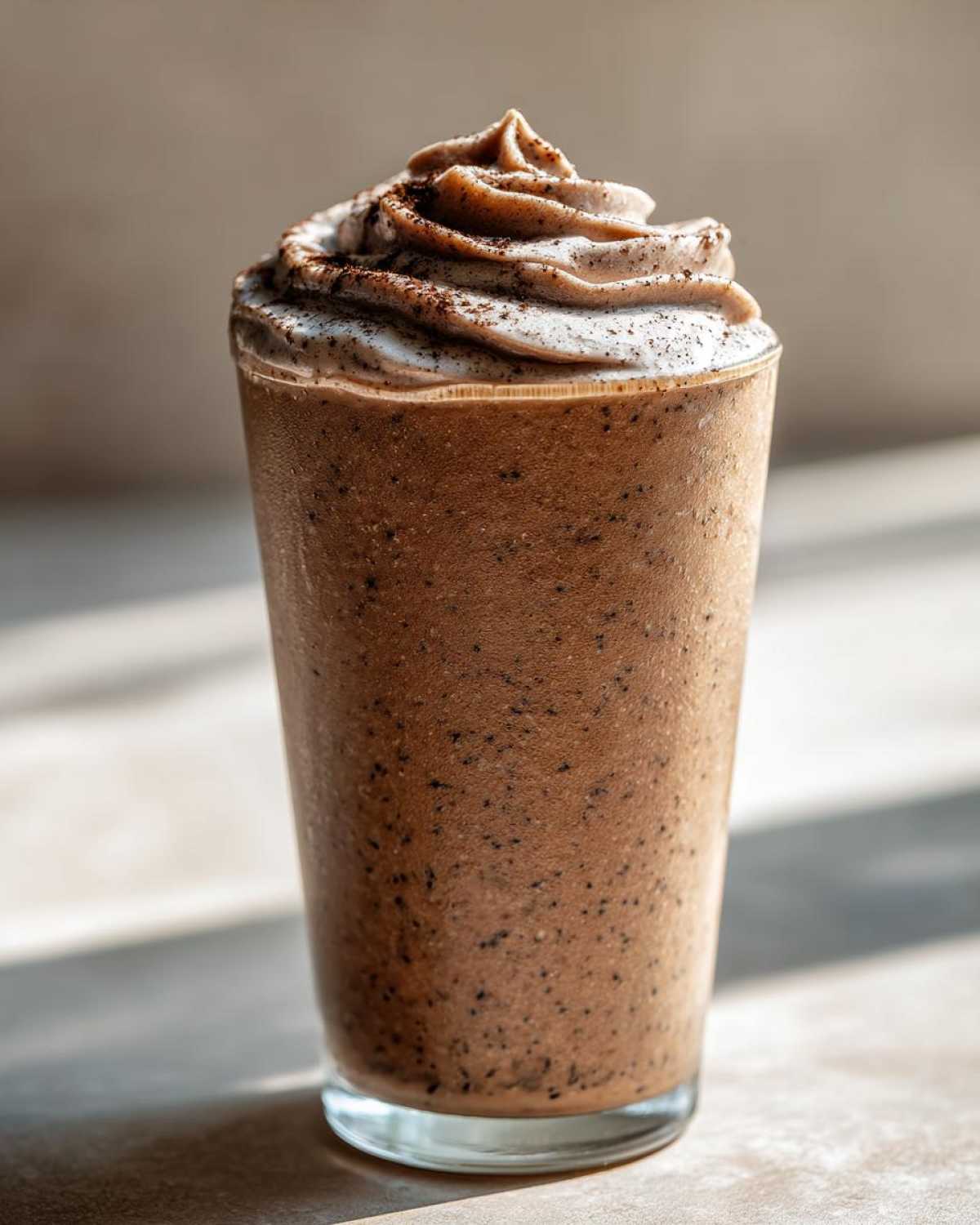 A tall glass filled with a blended, speckled Homemade Vanilla Bean Frappuccino, topped with whipped cream and a dusting of powder.