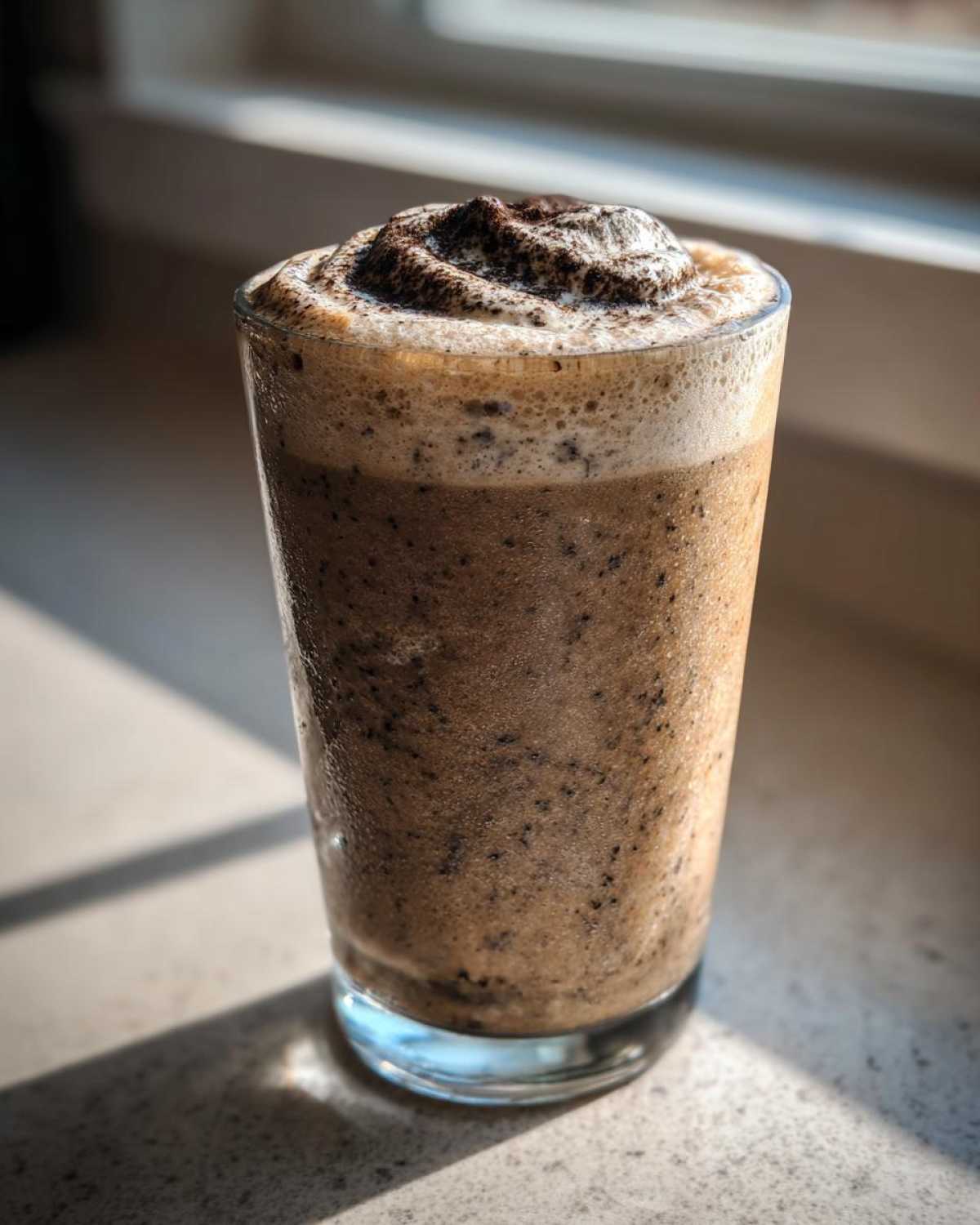 A tall glass of Homemade Vanilla Bean Frappuccino topped with whipped cream and cocoa powder.