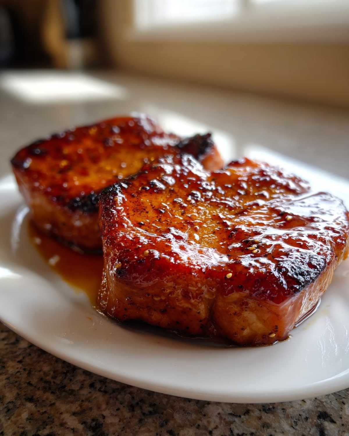 Close-up of two thick Honey Glazed Ham Steak in the Skillet, glistening with a dark, sticky glaze.