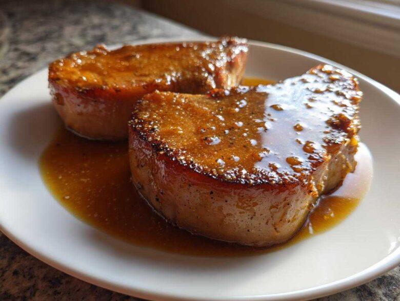 Two thick slices of Honey Glazed Ham Steak in the Skillet, glistening with sweet brown glaze on a white plate.