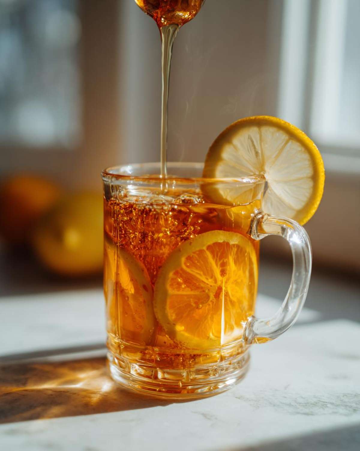 Close-up of honey being poured into a steaming glass mug of Honey Lemon Ginger Tea with lemon slices.