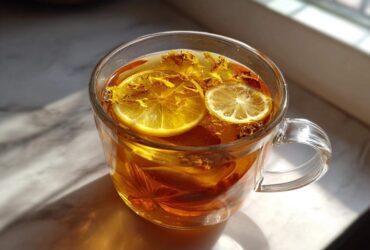 Close-up of a glass mug filled with Honey Lemon Ginger Tea, featuring lemon slices and floating herbs.