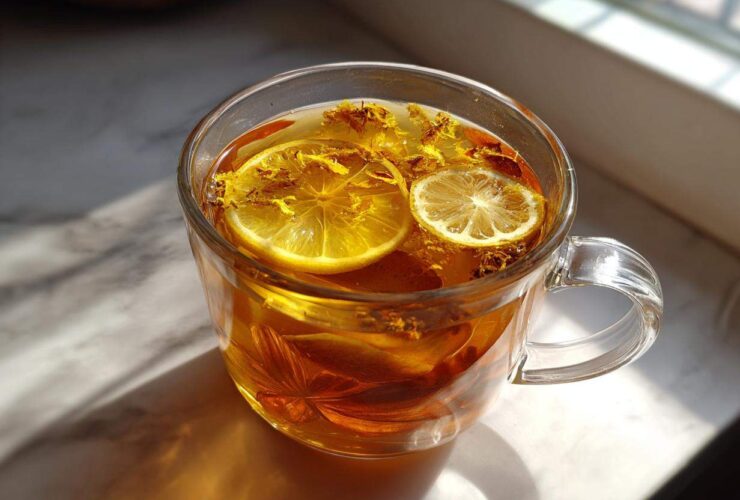 Close-up of a glass mug filled with Honey Lemon Ginger Tea, featuring lemon slices and floating herbs.