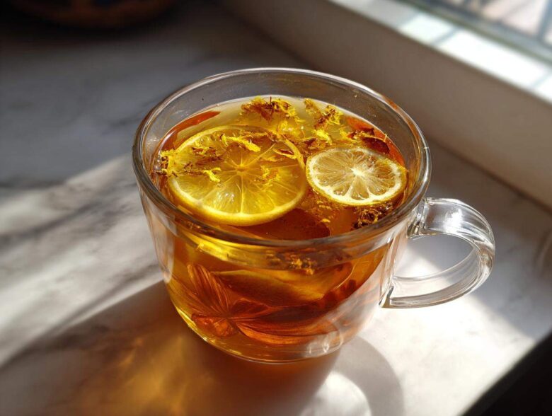 Close-up of a glass mug filled with Honey Lemon Ginger Tea, featuring lemon slices and floating herbs.