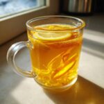A clear glass mug filled with warm Honey Lemon Ginger Tea, featuring lemon slices and zest.