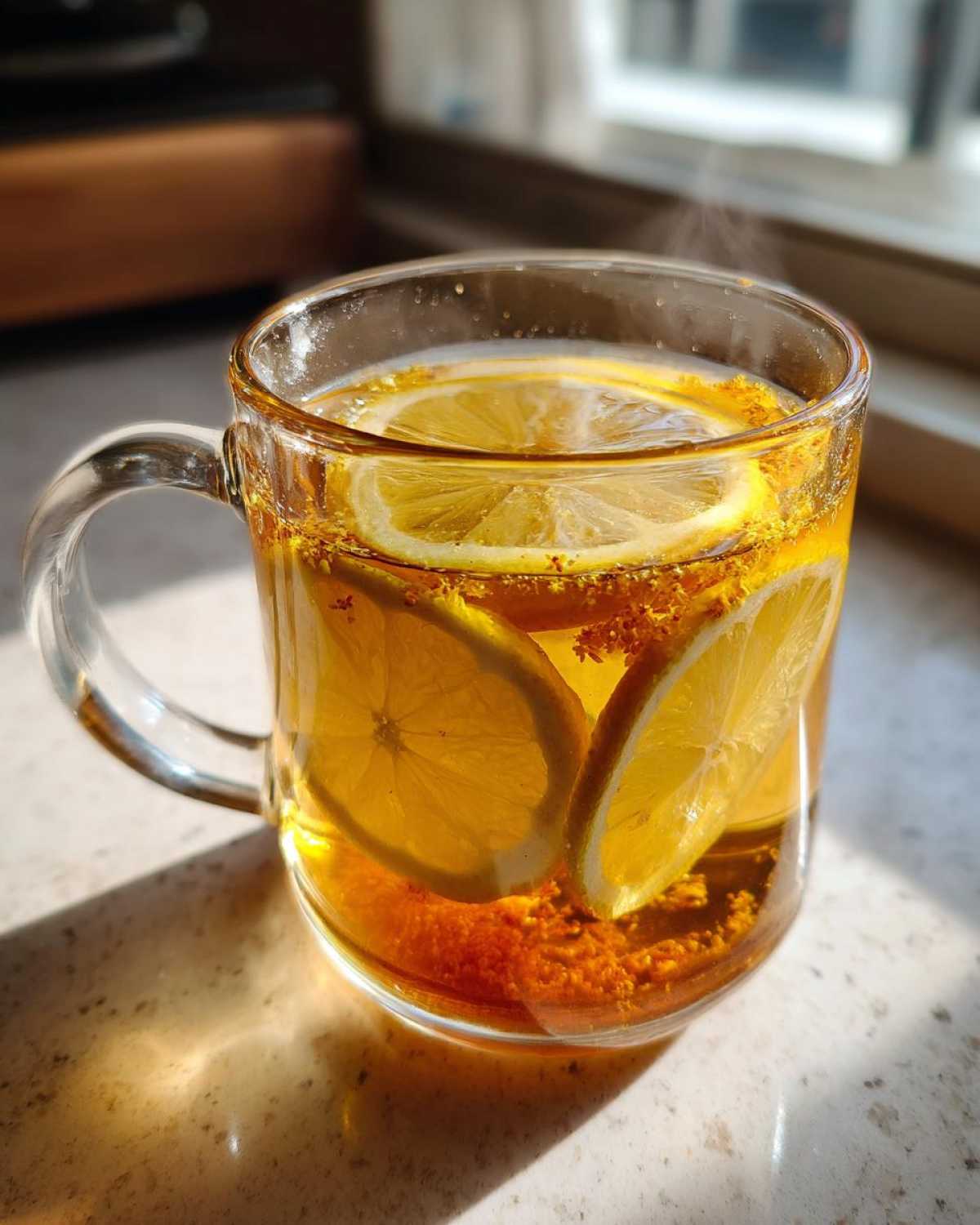 Close-up of steaming Honey Lemon Ginger Tea in a clear mug with lemon slices and ginger sediment.
