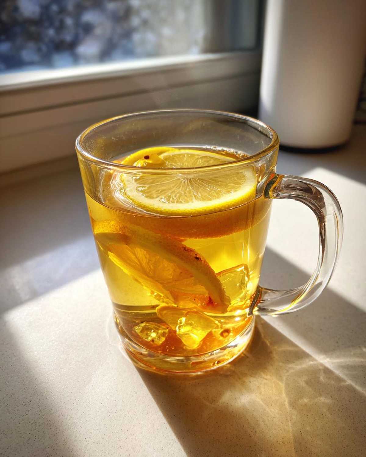 A clear glass mug filled with warm Honey Lemon Ginger Tea, garnished with lemon slices.