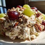 Close-up of Honey Mustard Chicken Salad with Grapes, pecans, and creamy dressing served on a light plate.
