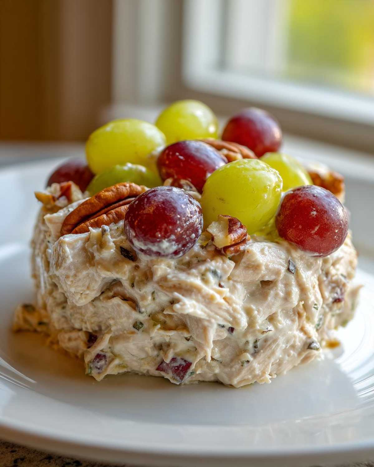 Close-up of Honey Mustard Chicken Salad with Grapes and pecans served on a white plate.