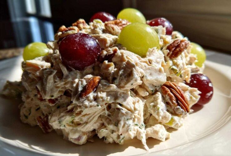 Close-up of Honey Mustard Chicken Salad with Grapes, pecans, and creamy dressing served on a light plate.