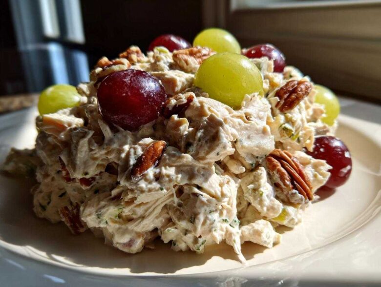 Close-up of Honey Mustard Chicken Salad with Grapes, pecans, and creamy dressing served on a light plate.