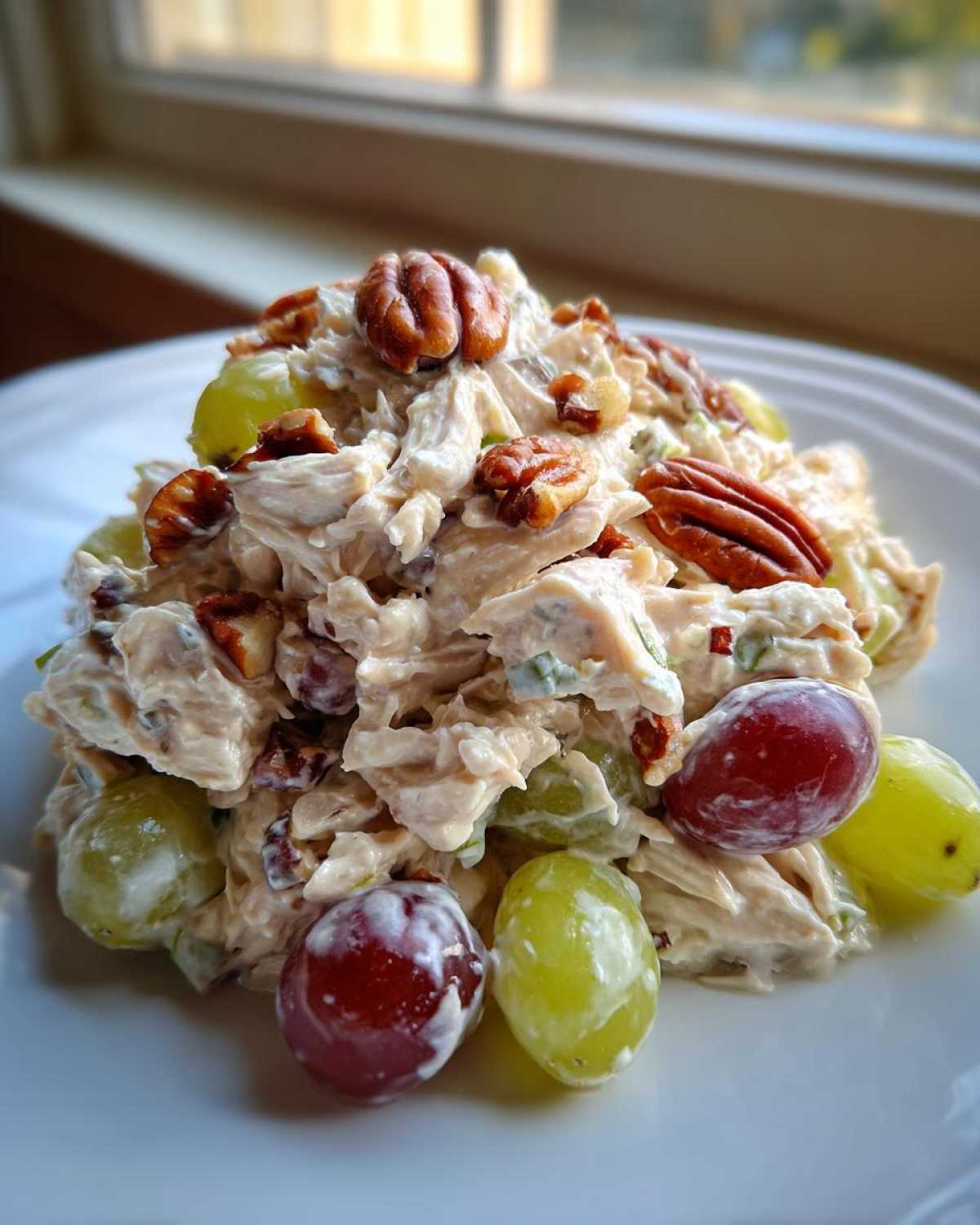 A serving of creamy Honey Mustard Chicken Salad with Grapes, pecans, and shredded chicken on a white plate.