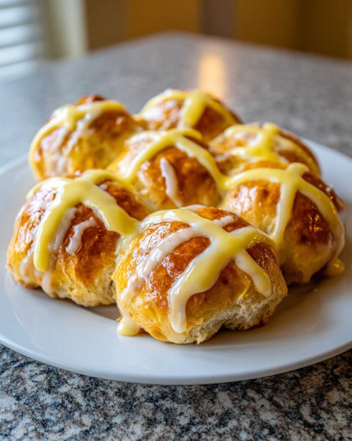 Close-up of several freshly baked Hot Cross Buns with Orange Glaze drizzled across the top, served on a white plate.
