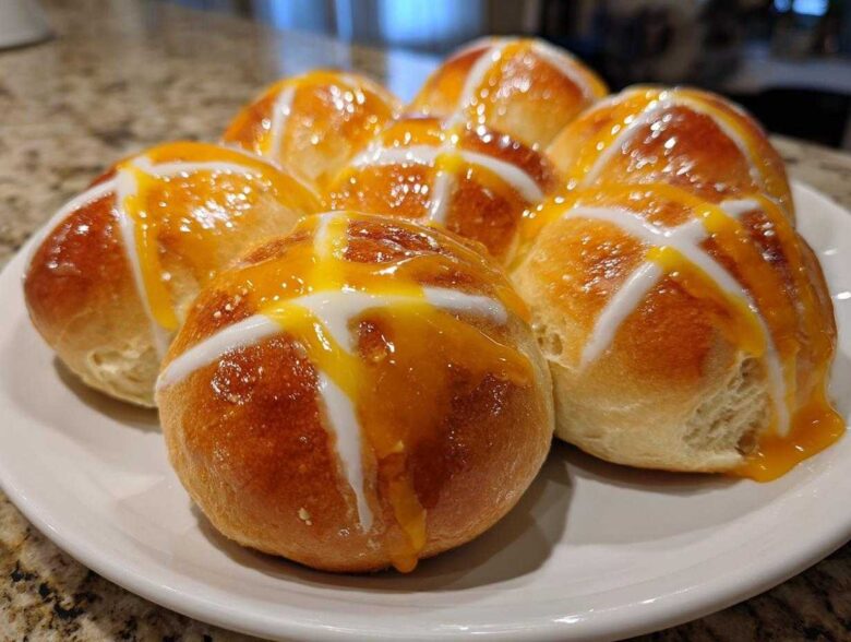 A plate of freshly baked Hot Cross Buns with Orange Glaze, featuring a shiny glaze and white icing crosses.