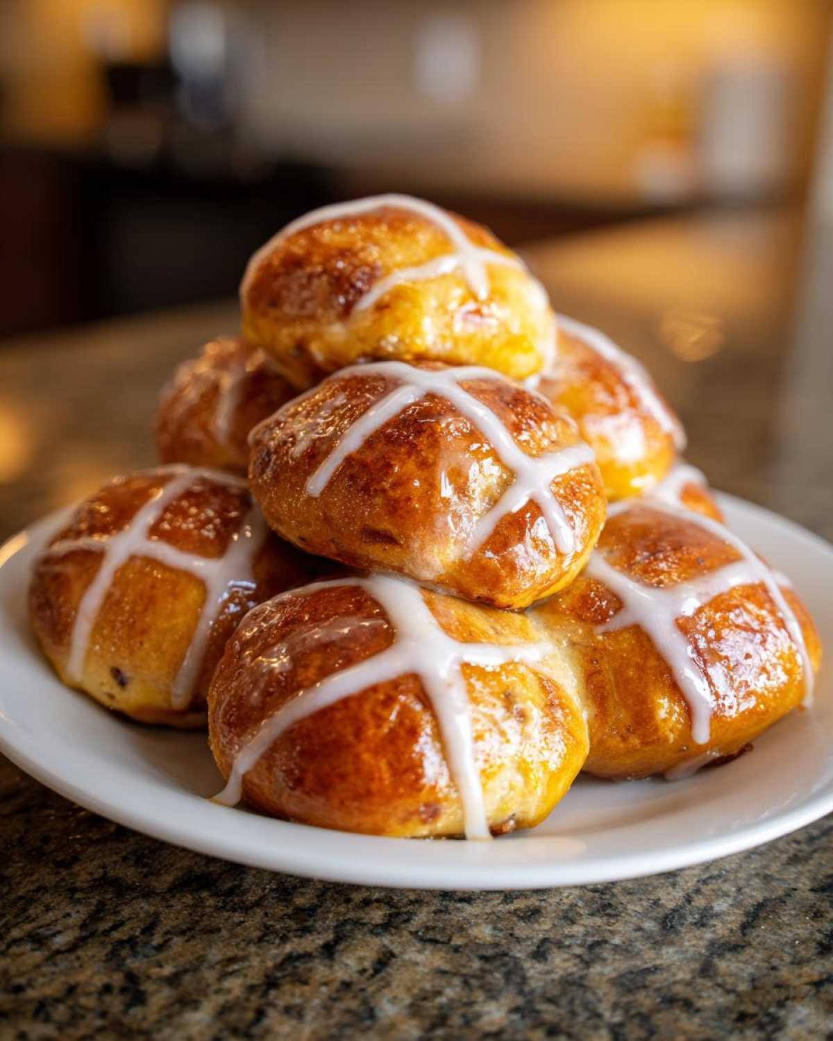 A stack of freshly baked Hot Cross Buns with Orange Glaze drizzled with white icing crosses.