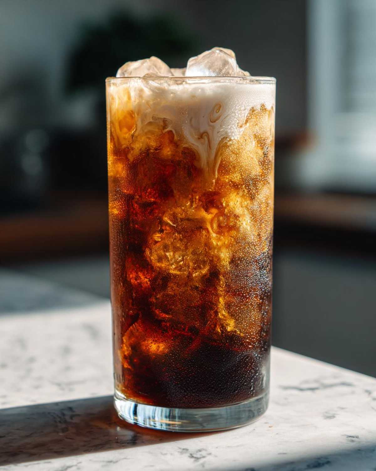 Close-up of a tall glass containing an Iced Brown Sugar Oatmilk Latte with ice and swirling cream.
