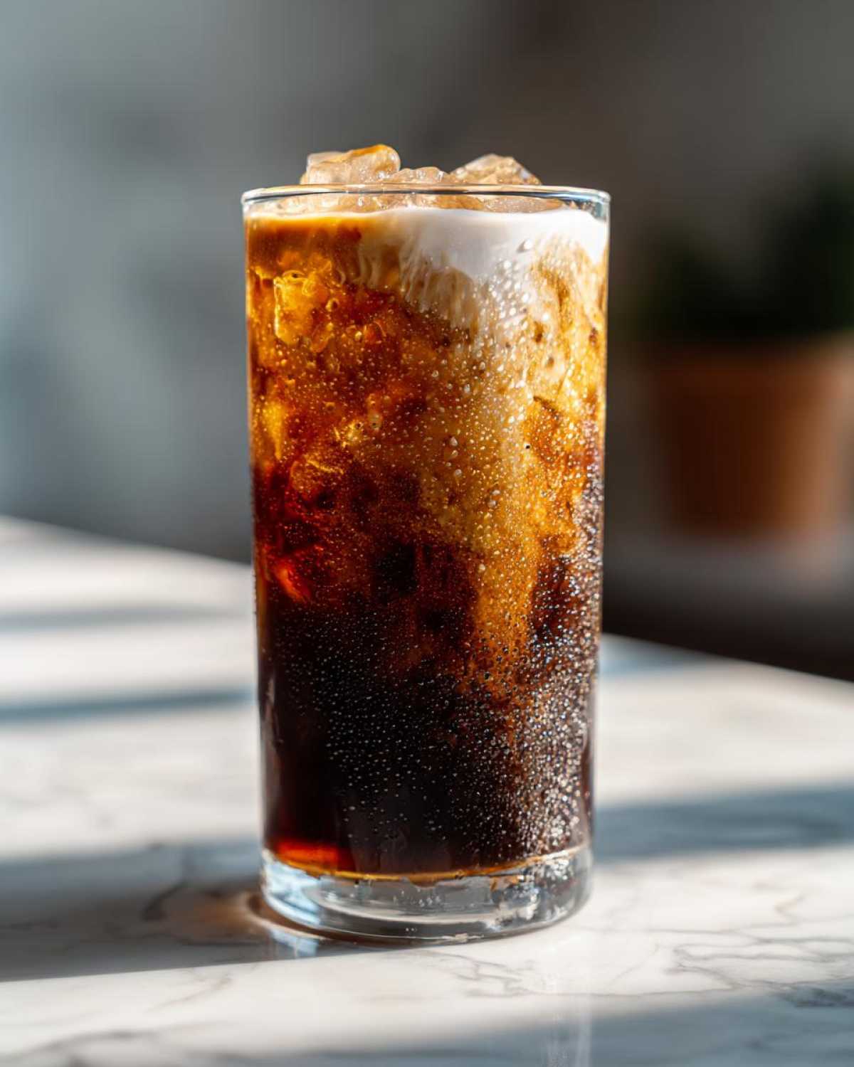 A tall glass of Iced Brown Sugar Oatmilk Latte showing rich dark coffee mixing with creamy oat milk and ice cubes.