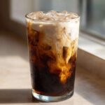 Close-up of a tall glass showing the beautiful swirl of coffee and oatmilk in an Iced Brown Sugar Oatmilk Latte.