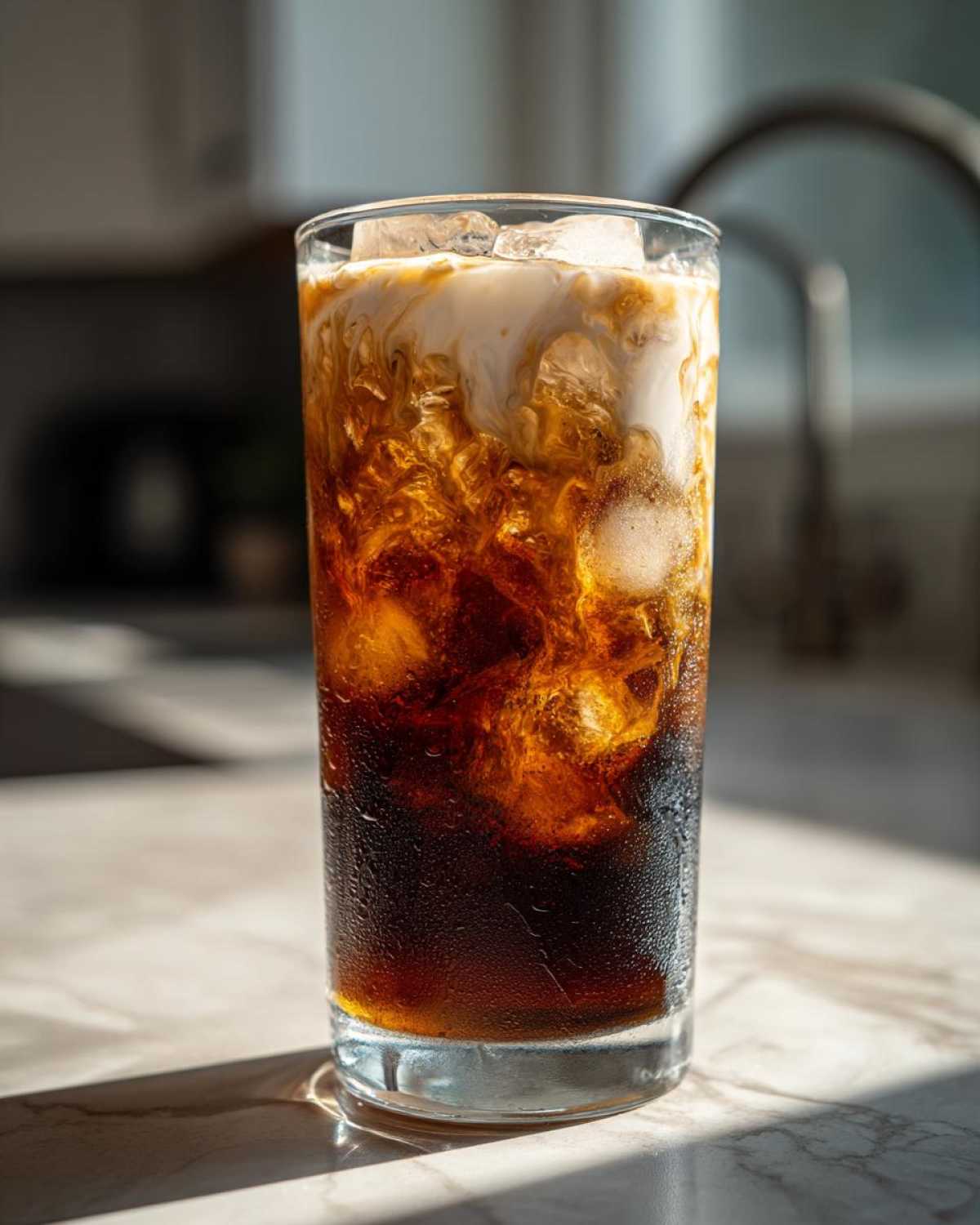 Close-up of an Iced Brown Sugar Oatmilk Latte showing rich brown coffee mixing with white oatmilk over ice.