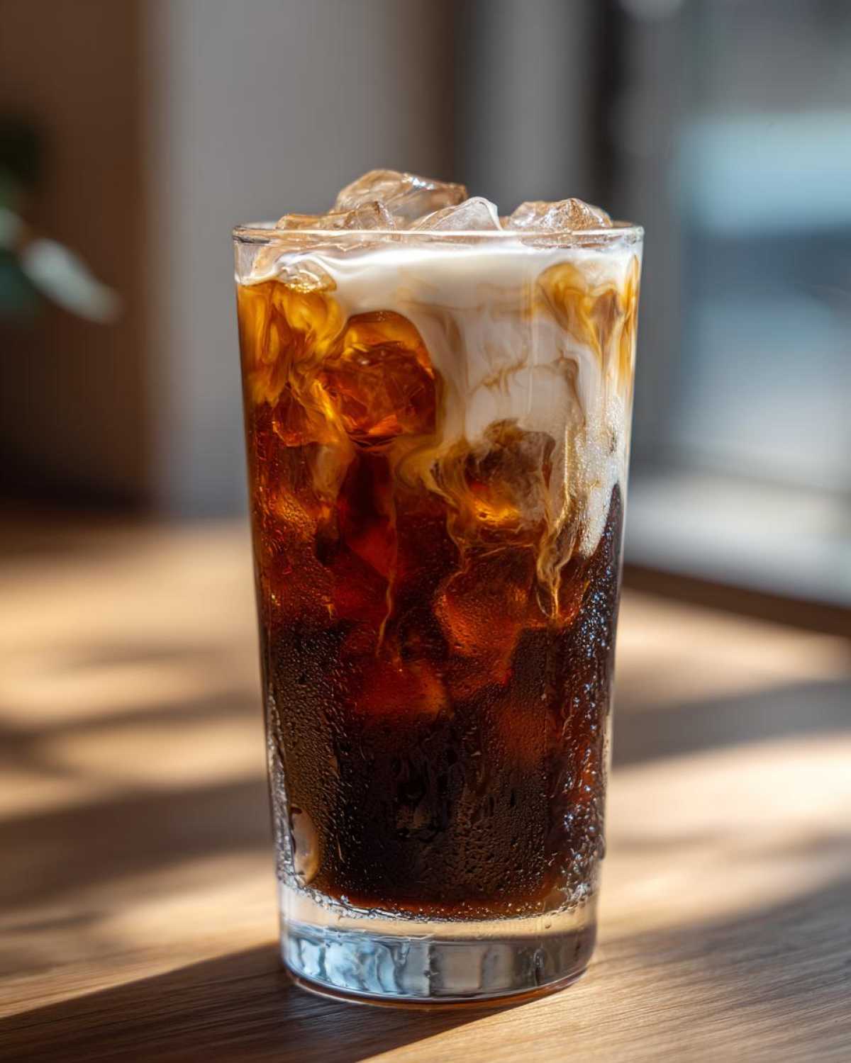 Close-up of a tall glass containing an Iced Brown Sugar Oatmilk Latte, showing dark coffee mixing with creamy oatmilk over ice.
