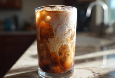 Close-up of an Iced Brown Sugar Oatmilk Latte swirling with coffee and oatmilk over ice in a tall glass.