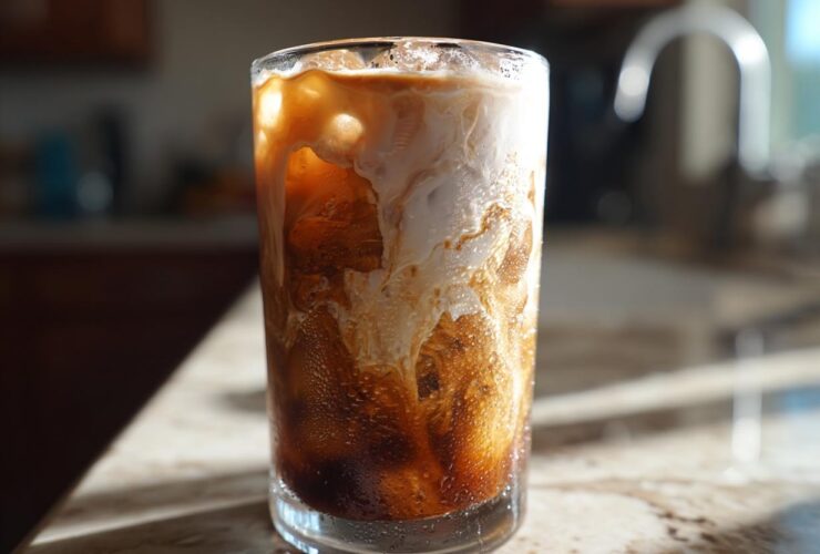 Close-up of an Iced Brown Sugar Oatmilk Latte swirling with coffee and oatmilk over ice in a tall glass.