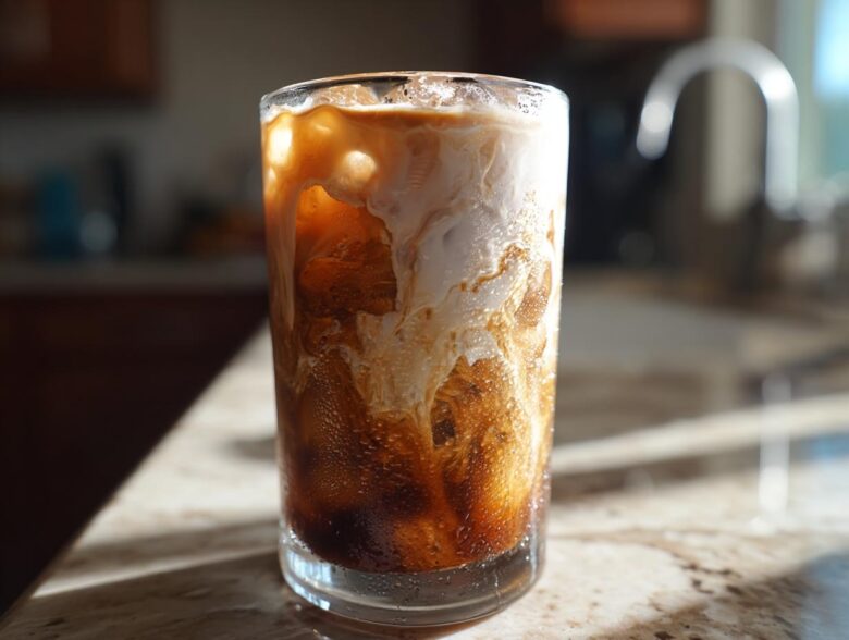 Close-up of an Iced Brown Sugar Oatmilk Latte swirling with coffee and oatmilk over ice in a tall glass.