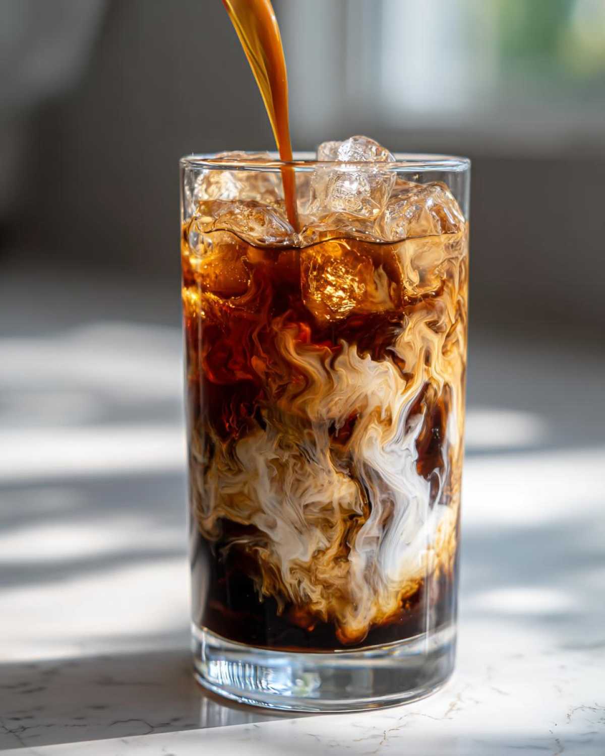 Pouring espresso over ice and almond milk to create a beautiful swirl for an Iced Honey Almond Milk Latte.