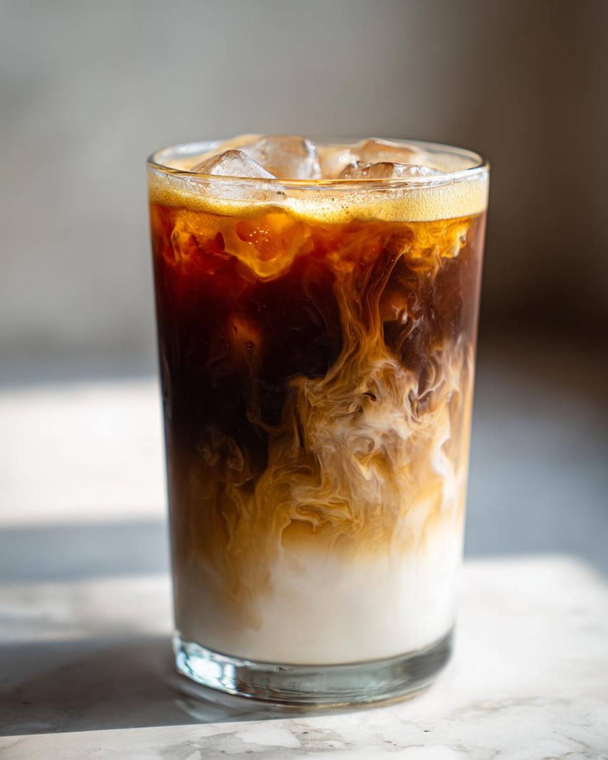 Close-up of an Iced Honey Almond Milk Latte showing rich coffee swirling into the white almond milk base over ice.