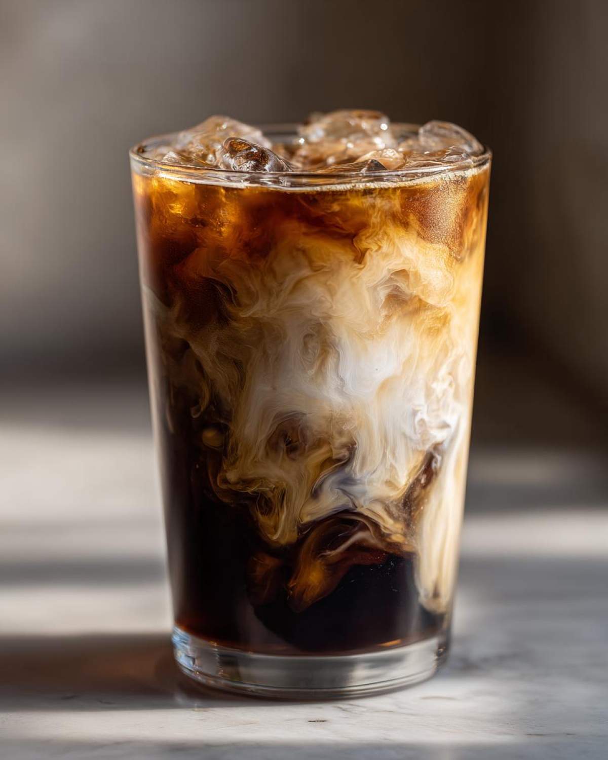 Close-up of an Iced Honey Almond Milk Latte showing rich coffee mixing with almond milk creating beautiful swirls over ice.