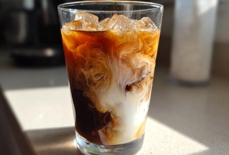 Close-up of an Iced Honey Almond Milk Latte with rich coffee swirling dramatically with white almond milk over ice cubes.
