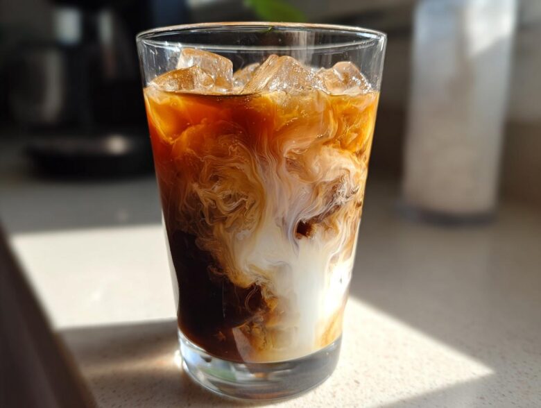 Close-up of an Iced Honey Almond Milk Latte with rich coffee swirling dramatically with white almond milk over ice cubes.