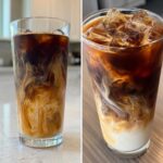 Two glasses showing the beautiful marbling effect when mixing milk into strong coffee for an Iced Honey Almond Milk Latte.