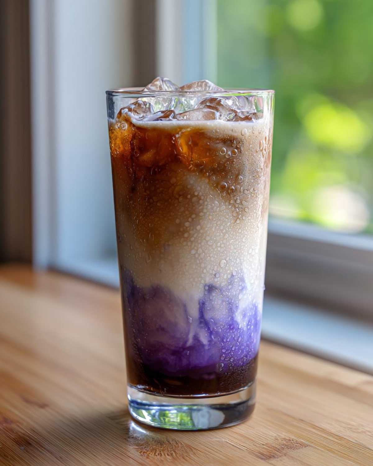 A tall glass showing a layered Iced Lavender Latte with purple syrup, milk, and espresso, covered in condensation.