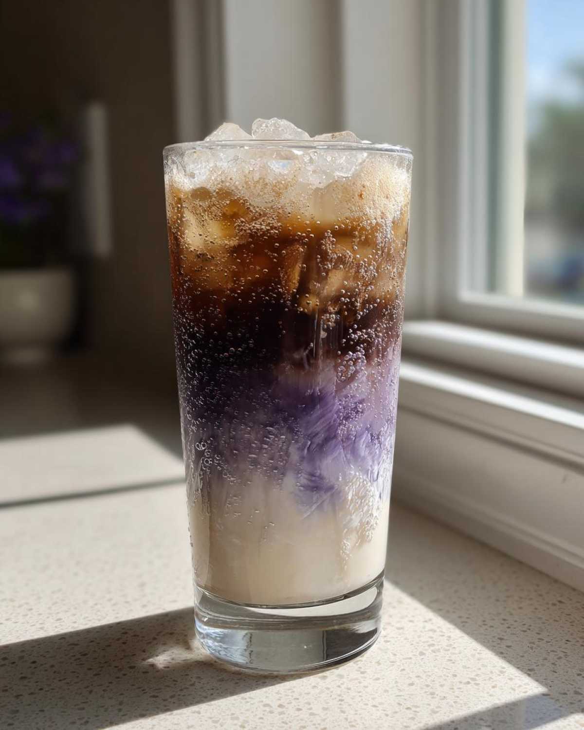 A tall glass showcasing a layered Iced Lavender Latte with milk, purple syrup, dark espresso, and crushed ice.