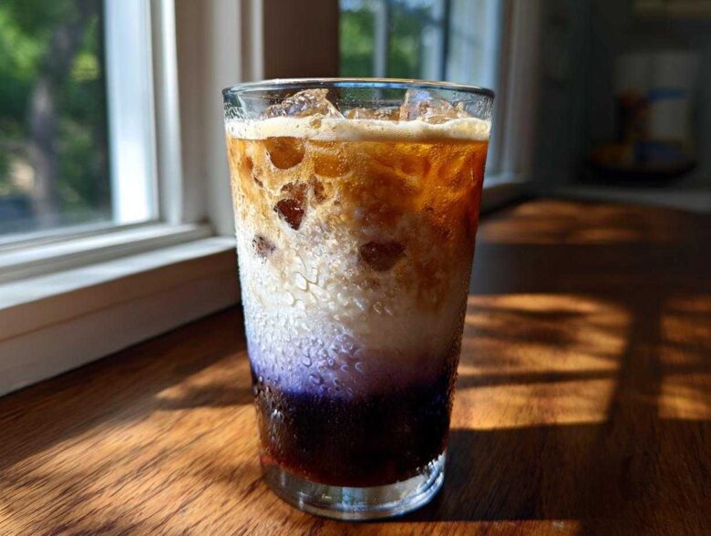 A tall glass showing the distinct layers of an Iced Lavender Latte, featuring purple syrup, milk, and espresso over ice.