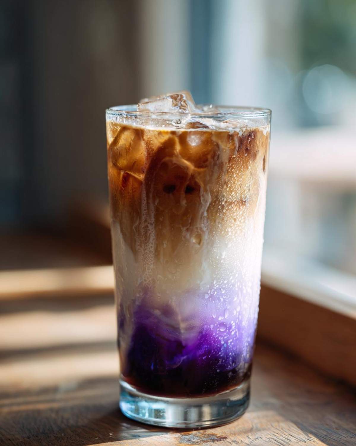 Close-up of a tall glass containing an Iced Lavender Latte showing distinct purple, white, and brown coffee layers over ice.